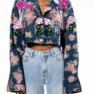 Akira Embellished Floral Cropped Denim Jacket - Pink & Blue Small